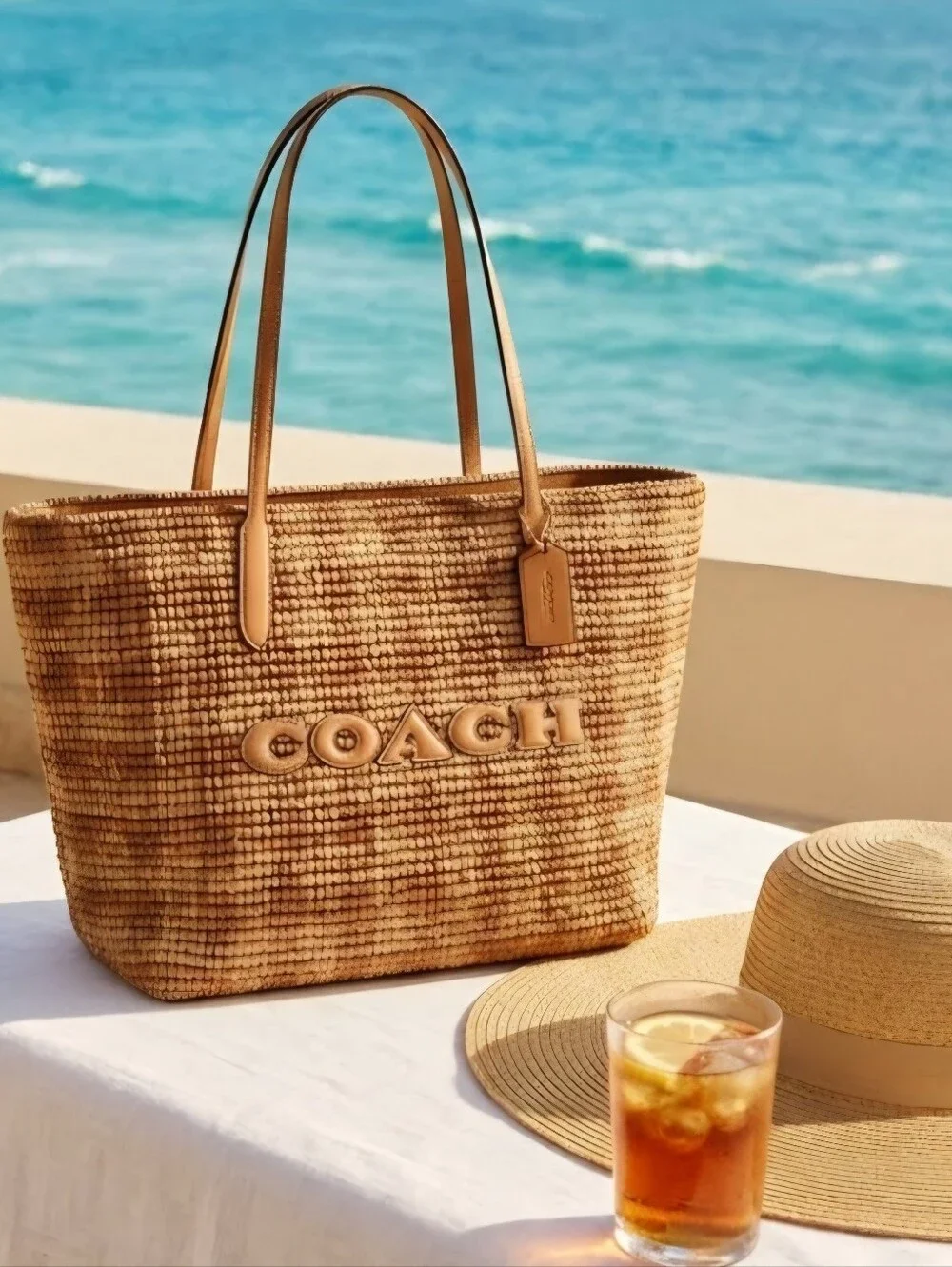 COACH Gingham Print Tote Bag (Full Size) In Tan W/Gold Hardware. NEW!